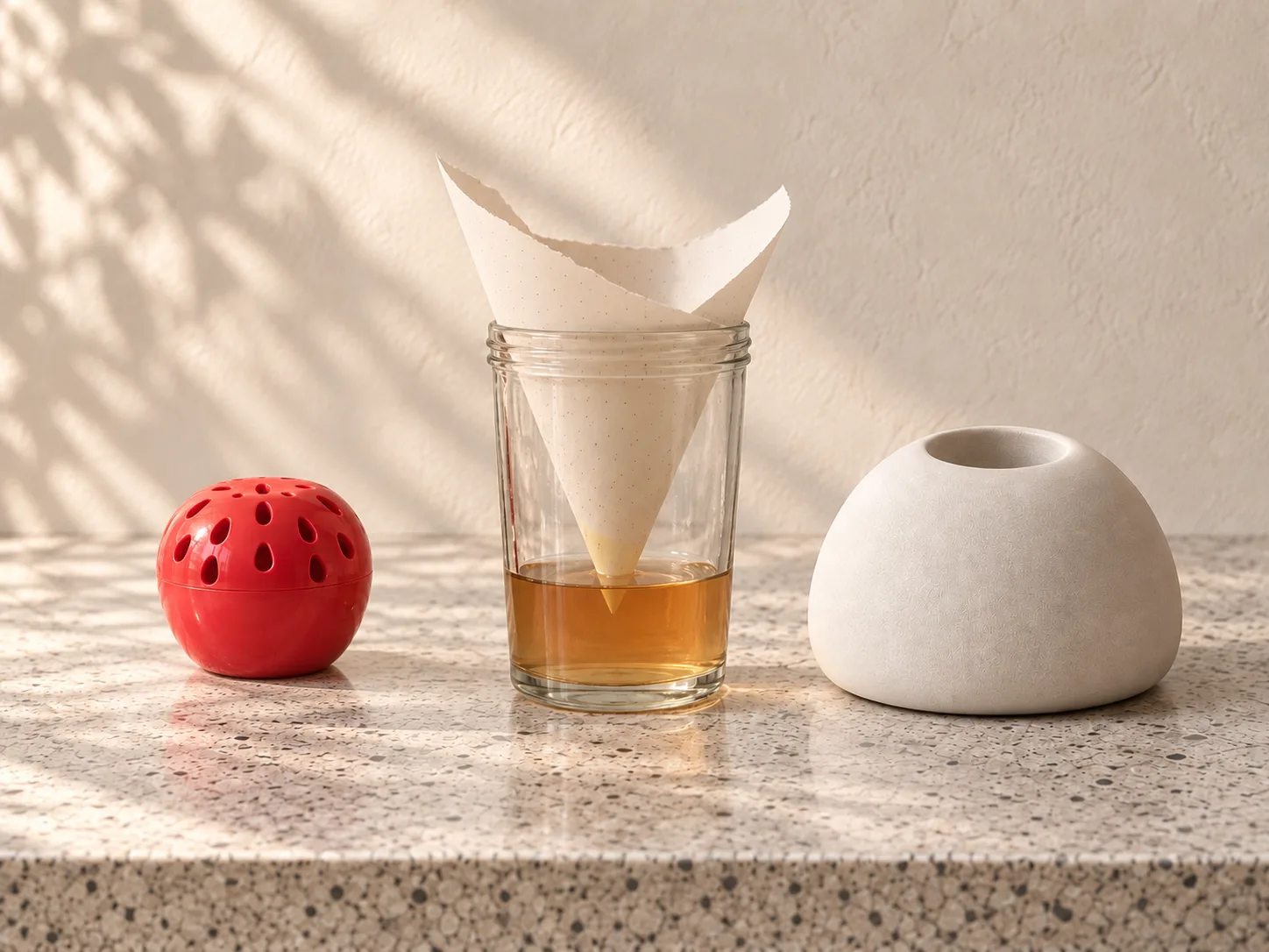 A red apple-shaped fruit-fly trap, a homemade jar-and-funnel trap, and the ivory Alcove Pebble lined up on a stone counter